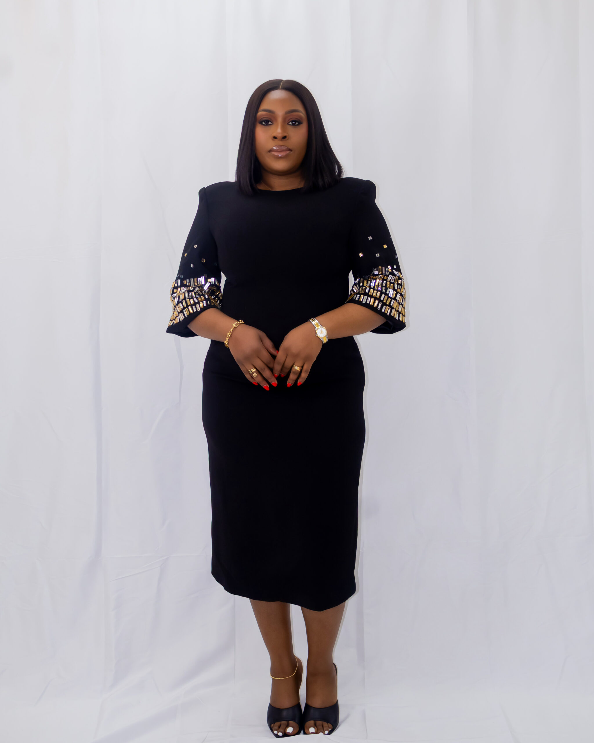 black-embellished-sleeves-crepe-dress