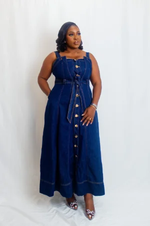 Button up belted denim dress