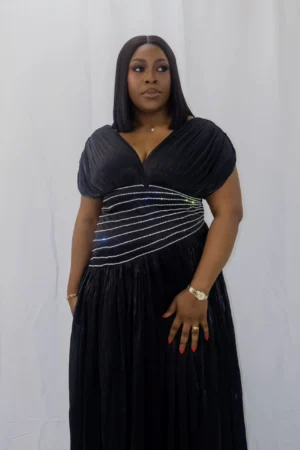 Pleated v neckline with rhinestone embellishments dress