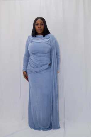 Ruched blue maxi dress
