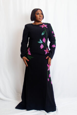 Lux Black Embellished Floral Maxi Dress